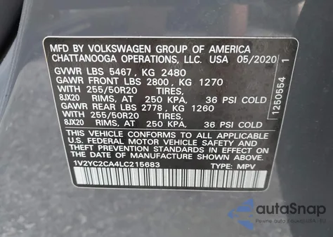 2020 Volkswagen Atlas Cross Sport 2.0T Se W/Technology/2.0T Se W/Technology R-Line from USA, damaged, VIN 1V2YC2CA4LC215683